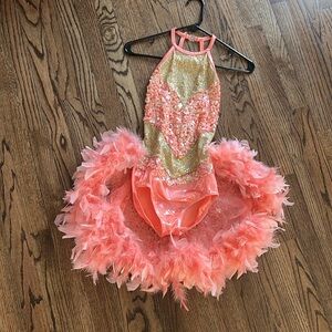 Sequin Halter Top with Feather Trim - Pink and Gold